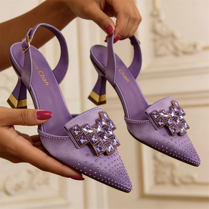 Elegant Taro Purple Satin Slingback High Heels for Women – Pointed Toe with Geometric Rhinestone Block Heels – Perfect
