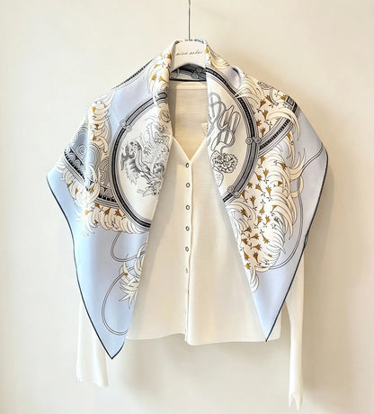 Women's Luxury Printed 90CM Square Mulberry Silk Scarf, Bandana Large Satin Shawl Scarf, Headscarf Headband