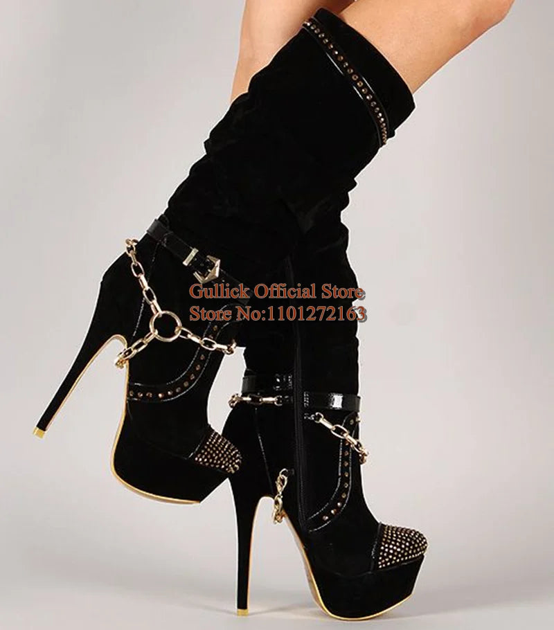 Fashion Gold Chain Strap Studded Knee High Boots Round Toe Black Suede Stretch Fabric Platform Stiletto Heels Boots