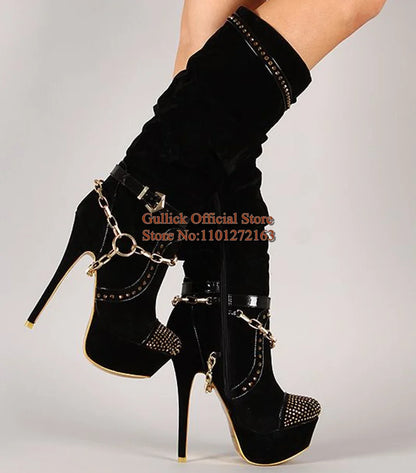 Fashion Gold Chain Strap Studded Knee High Boots Round Toe Black Suede Stretch Fabric Platform Stiletto Heels Boots