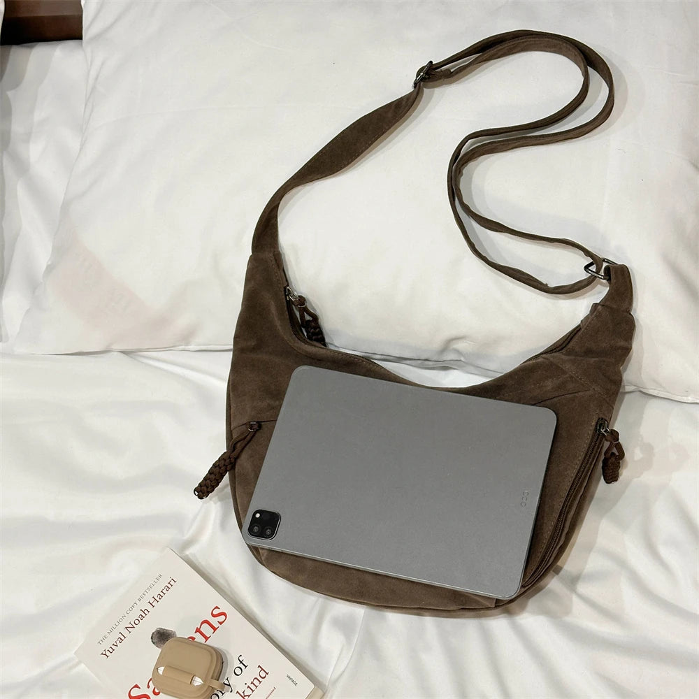 Retro Crossbody Messenger Bags For Women Faux Suede Pure Color Big Capacity Shoulder Hobo Bag 2025 Winter Latest Ladies Handbags