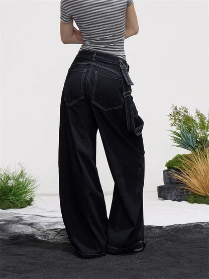 Women's Detachable Black Overalls Street Jumpsuits Wide Leg Sweatpants Straight Unisex Trousers High Waist Casual Baggy Pants