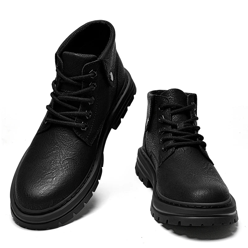 Genuine Leather Mens Motorcycle Boots Handmade Retro Men Ankle Boots Man Winter Plush Snow Botas Outdoor High Top Shoes Sneakers
