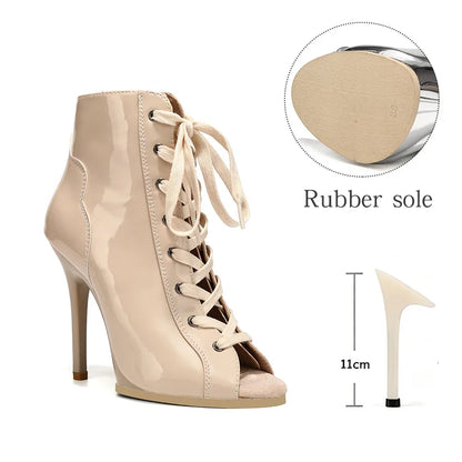 Women Sexy Thin High Heel Dance Shoes Party Ballroom Pole Jazz Lace Up Platform Dancing Boots Short Tube Heels 8.5/9.5CM Booties