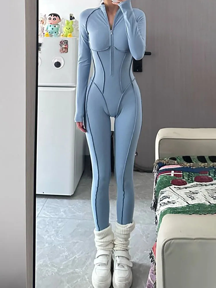 Women's New Sports Bodysuits Fitness Jumpsuit Slim Zipper Neck Sexy Splice Elasticity Jumpsuit Female Gym One Piece Sportswear