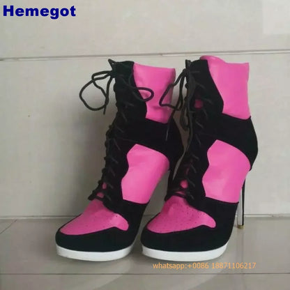Sports Lace Up Women's Short Boots 2024 Thick Sole Round Toe Mixed Color Stilettos Autumn Winter New Street Style Casual Rock Bo