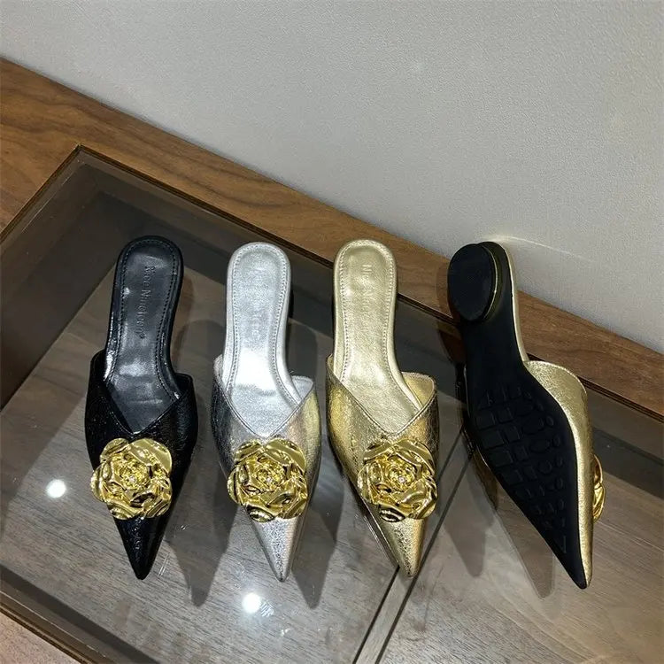 Women Flats Slippers Pointed Toe Elegant Mules Shoes Fad Slingback Sandals 2025 Summer New Luxury Flip Flops Mujer Slides