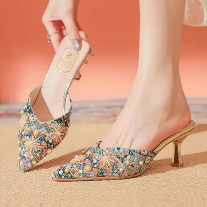 Luxury String Bead Decoration Design Brand High Heel Slippers Women Shiny Rhinestone Slide Sandals Elegant Wedding Bridal Shoes