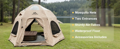 SENLEETO Inflatable Tent Glamping Dome Tent 420D Oxford Large Family Camping Tent with Rainfly Extension All Around View Luxury Outdoor House Tent
