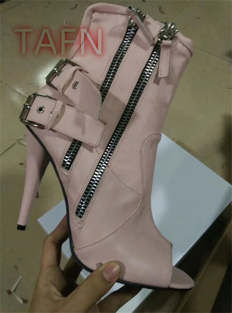 Pastel Pink Ankle Boot Peep Toe Double Side Zip Sandal Booties Women Retro Punk Stiletto Pumps Ladies Knight Boot Big Size 44
