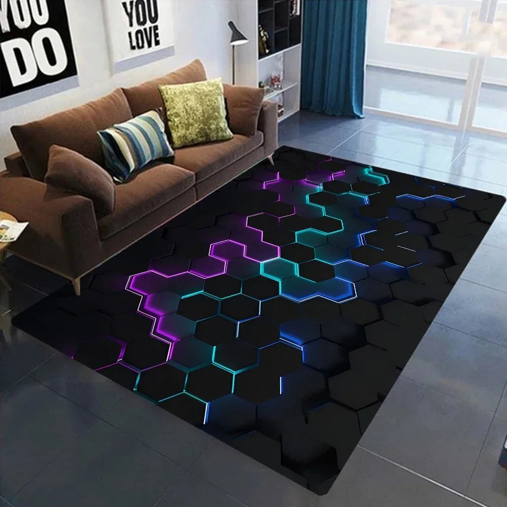 3D Geometric Carpet Neon Lights Rugs Hexagons Carpets for Home Play Gaming Room Decor Livingroom Bedroom Teens E-Sport Rug Mat