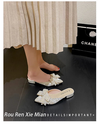 Summer New Shoes for Women Luxury Slipper Outdoor Pointed Toe Pearl Casual Sandals Girl Four Leaf Clover Flat Mules Slides