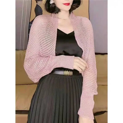 Womens Fashion Hollow Ice Silk Shawl Simple Elegant Thin Outerwear Coat Luxury Long Sleeve Smock Top