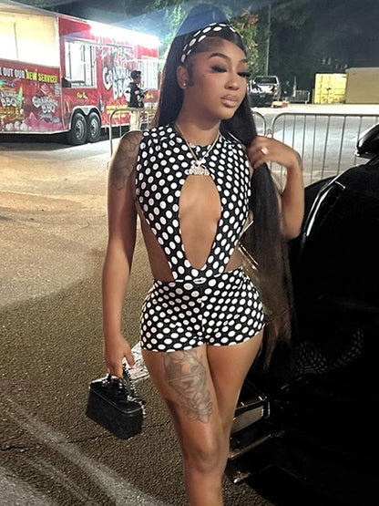 Weird Puss Polka Dot Sexy 2 Piece Set Women Side Split Sleeveless Bandage Bodysuit+Shorts Matching Hipster Party Clubwear Suits