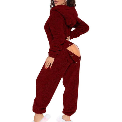 Sexy Cute Plush Autumn Winter Long Sleeve Hooded Romper Back Butt Bum Open Ass Flap Plush Jumpsuit Women Thick Sleepwear
