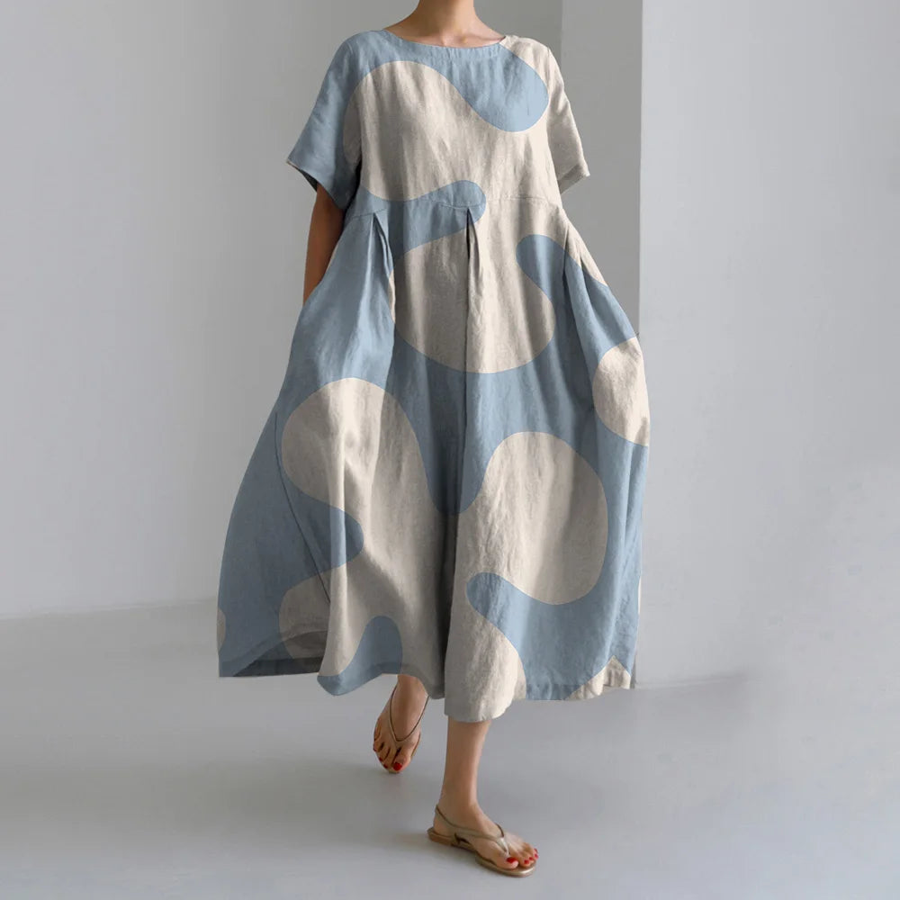 Holiday Casual Striped Printed Dresses Summer Women's Round Neck Short Sleeve Dresses Plus Size Pockets Elegant Party Dresses