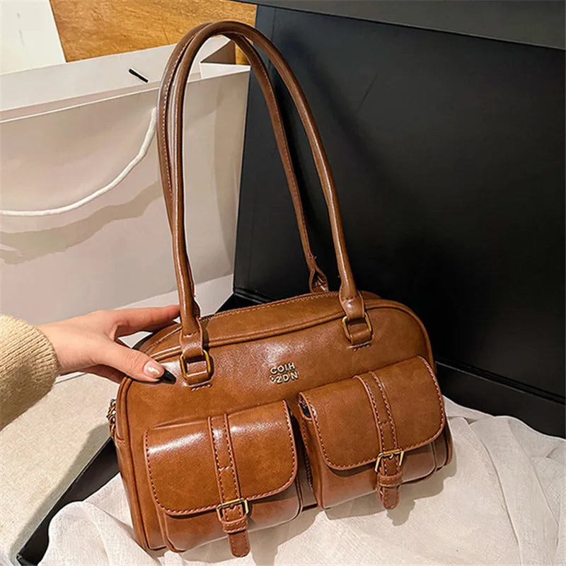 Women's Coffee Brown Multi-Pocket Handbag Shoulder Bag, Stylish Versatile Letter Crossbody Purse for Travel Work Shopping Dates