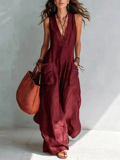 Summer Sleeveless Cotton Linen Jumpsuit Women V Neck Loose Wide Leg Pants Double Pocket Jumpsuit Casual Commuting Bodysuits
