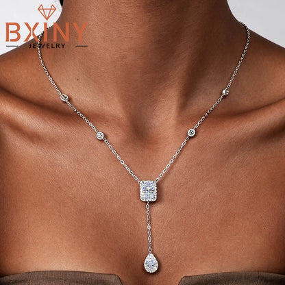 BXINY 3CT Radiant/Emerald Cut Moissanite WaterDrop Pendant Tassel Necklace 100%S925 Silver for Women NeckChain Fine Jewelry Gift