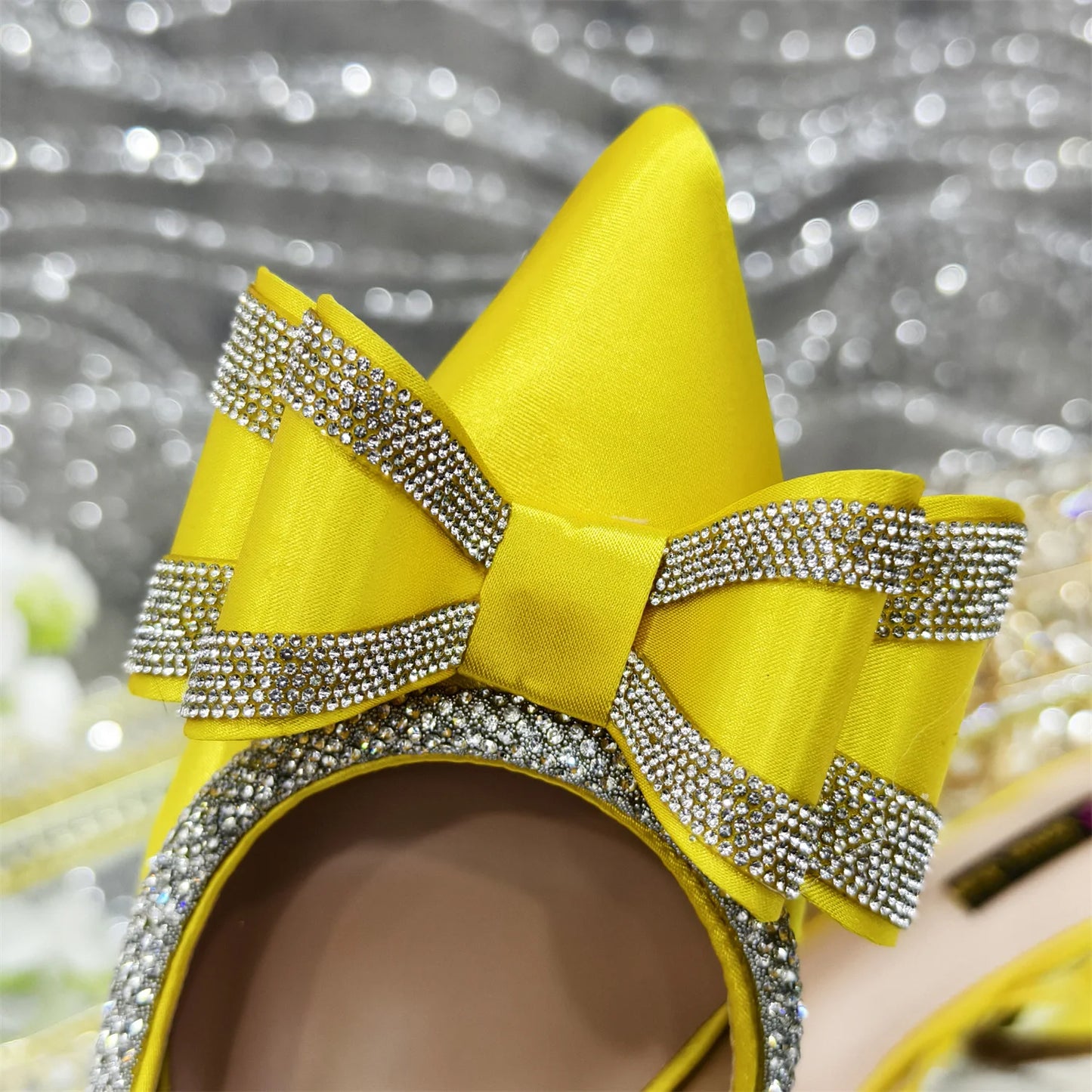 Elegant Gold Satin Rhinestone Bow Slingback Heel & Clutch Bag Set, Women Bridal Matching Kit For Wedding Party Evening Prom Form