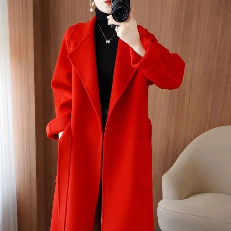 2024 Women's Wear 100% Wool Coat Autumn/Winter Fashion Temperament Double sided Cashmere Coats with Belt Elegant Long Overcoat