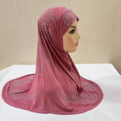 H006 Adults or big gilrs good size muslim hijab scarf with rhinestones islamic headscarf hat armia pull on headwrap ramadan gift