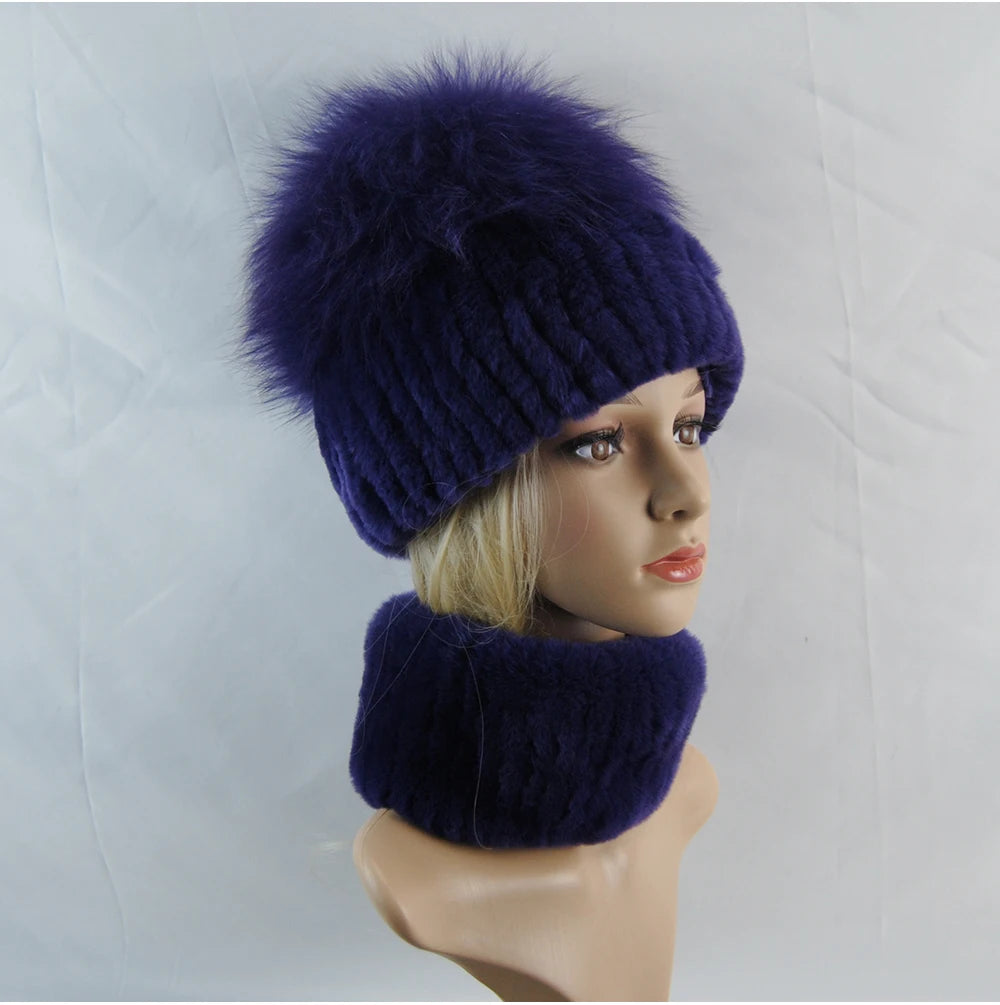 New Winter Lady Brand Hand Make Real Genuine Fox Fur Hat Scarf Girls Natural Real Rex Rabbit Fur Ring Cap Real Fur Scarves Hats