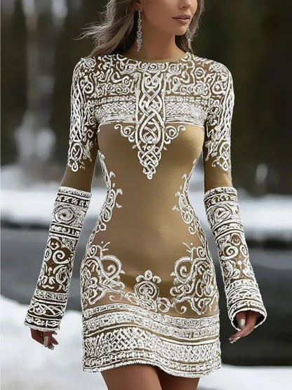 Slim Fit Round Neck Long Sleeved Hip Hugging Short Skirt Dress for Women Elegant Slimming Atmosphere Dress