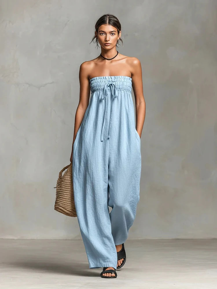 Women Strapless Wide Leg Jumpsuit Casual Cotton Linen Tube Top Romper Summer Beach Long Pants with Pockets Vacation Overalls