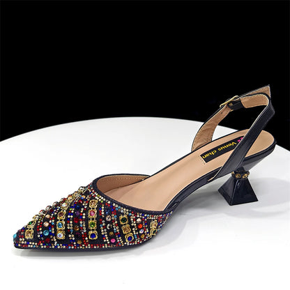 2025 Shiny Italian Fashion Pointed Toe Women Heel Fashion Rhinestone Decoration Fuchsia Color Shoes And Bag Set
