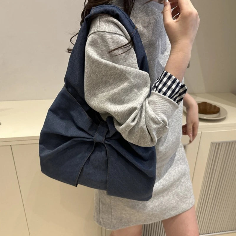 Sweet Bowknot Design Women's Denim Shoulder Bags Commuter Thread Ladies Handbags Casual Lightweight Female Underarm Tote Bag