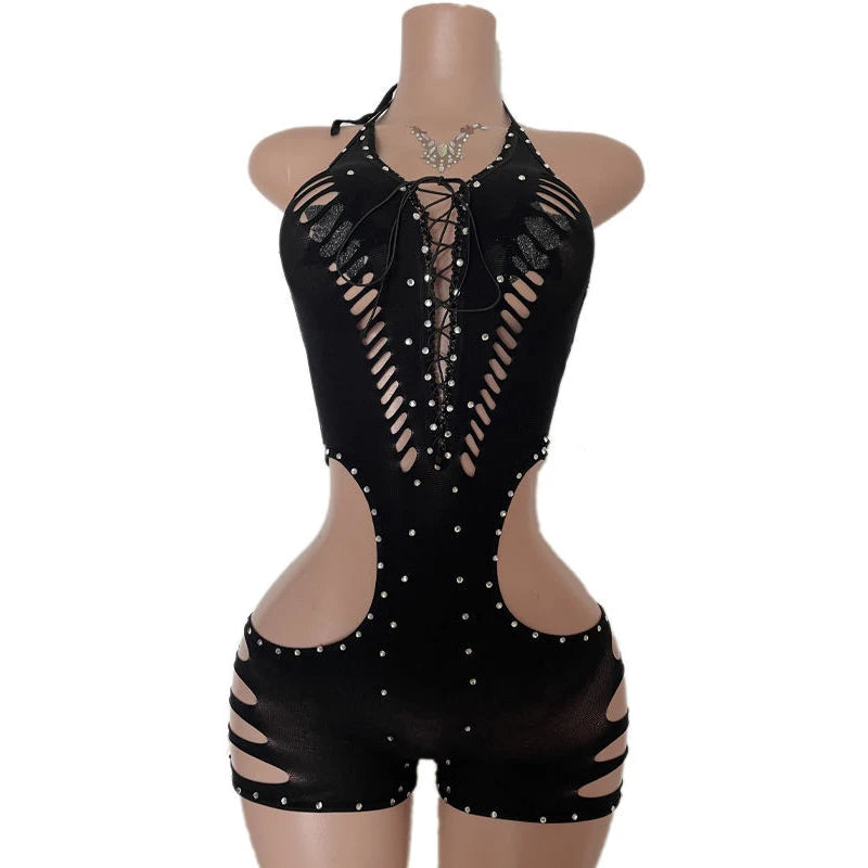 New Style One Piece Exotic Dancewear Sexy Lace-up Hollow-out Rhinestone Patchwork Bodycon Rompers Women Bodysuit Stripper Outfit