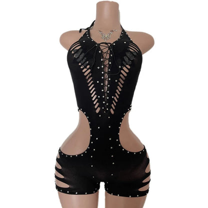 New Style One Piece Exotic Dancewear Sexy Lace-up Hollow-out Rhinestone Patchwork Bodycon Rompers Women Bodysuit Stripper Outfit