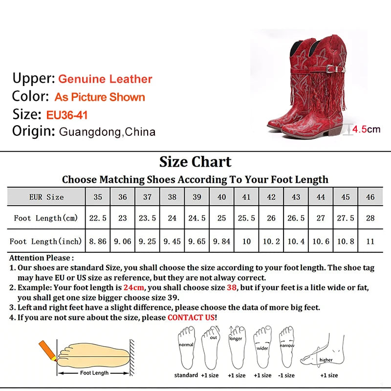 Spring Autumn Red Fringe Women's Mid Calf Boots Block Heels 4.5cm Pointed Toe Embroidery Belt Buckle Western Cowboy Boots Shoes