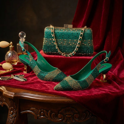 2026 Nigerian Women Heel Ladies Italian Luxury Design Green Shoes And Bag Set Decorated with Rhinestone Handbag Wedding Party