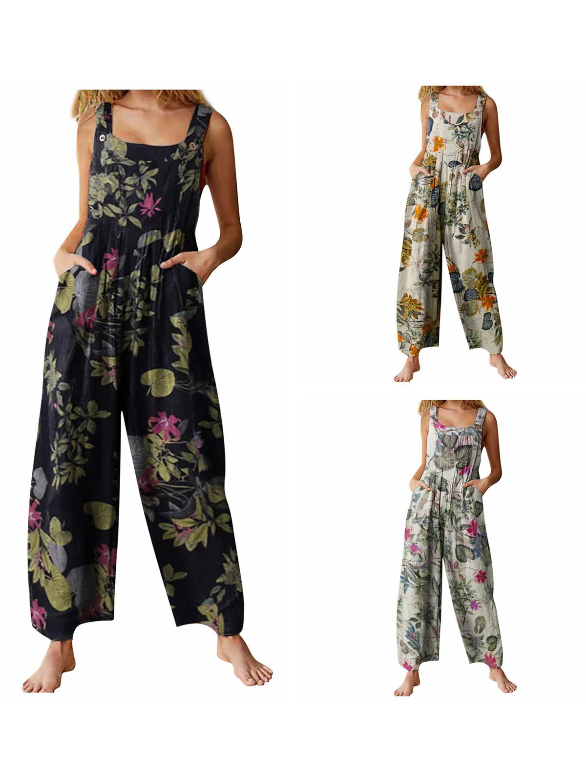Women Plus Sizes Jumpsuit Leaf Floral Print Square Neck Sleeveless Fashion Casual Overalls with Pockets
