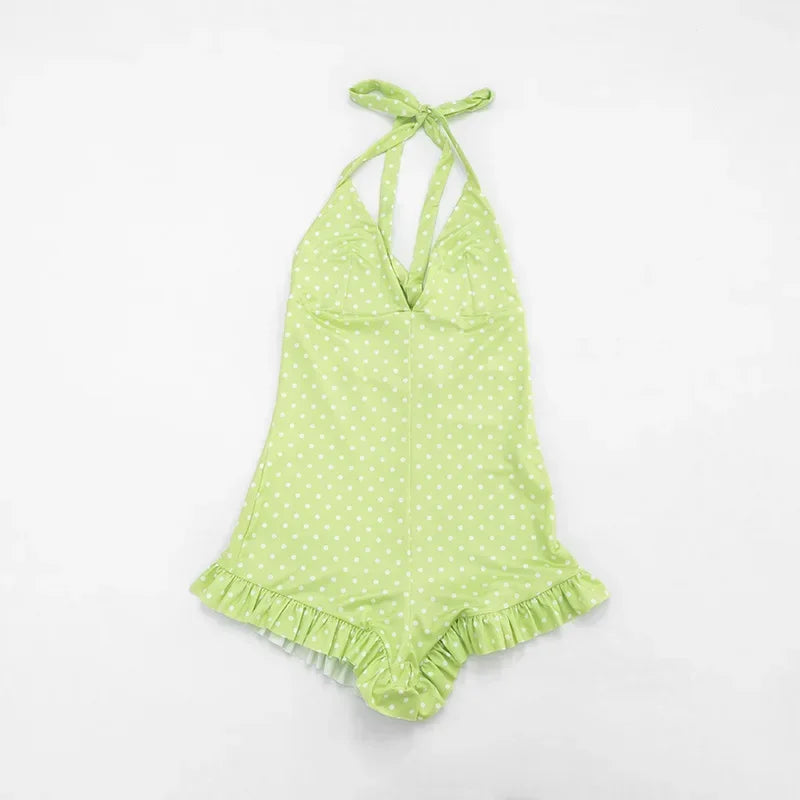 Bandage Halter Playsuits Women Polka Dot Print Summer Ruched Outfits Slim Backless Sleeveless V Neck Rompers Vacation Beach Gift