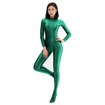 AMORESY Sexy Shiny Long Sleeve Full Length Oil Tights Smooth Leotard Running Overall Yoga Zentai Casual Sport Jumpsuits Catsuits