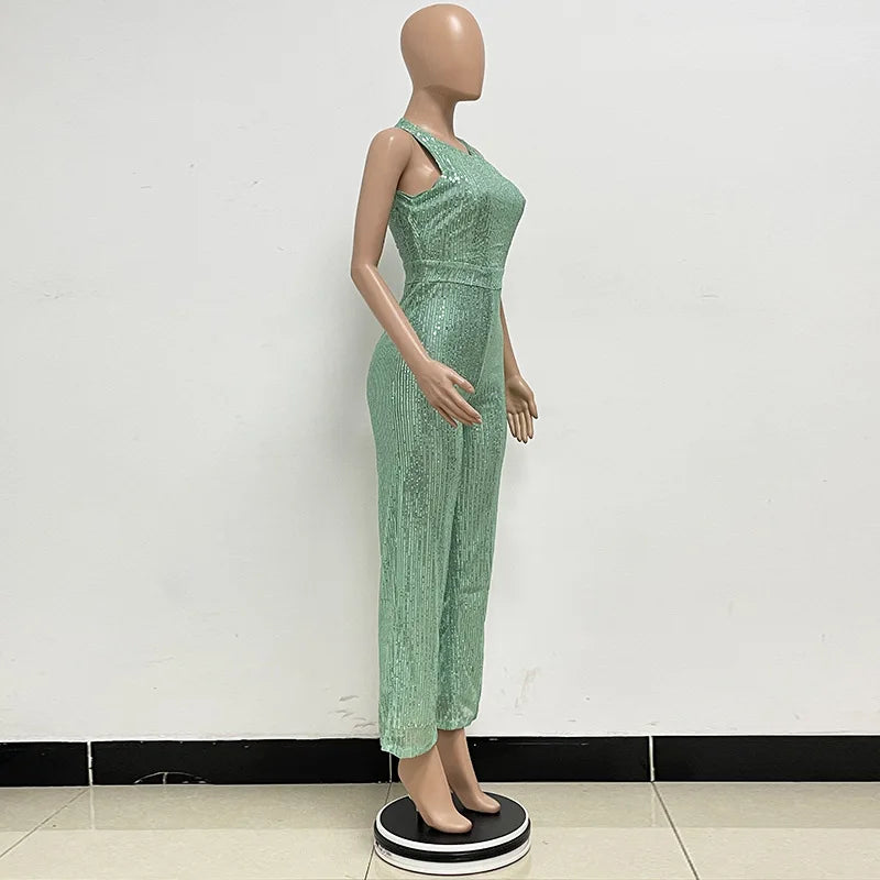 Bling Bling Sequined Club Jumpsuit Sexy Women O-neck Elegant Shiny Sliver Gold Sequins Straight Romper Overalls