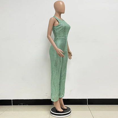 Bling Bling Sequined Club Jumpsuit Sexy Women O-neck Elegant Shiny Sliver Gold Sequins Straight Romper Overalls
