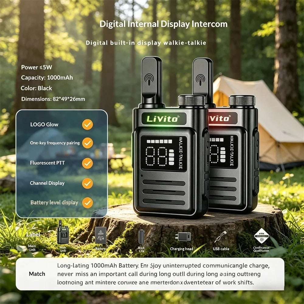 Mini Walkie Talkie 2 Pack Rechargeable Long Range Two Way Radio Type-C Charging 16 Channels Clear Audio for Business Outdoor