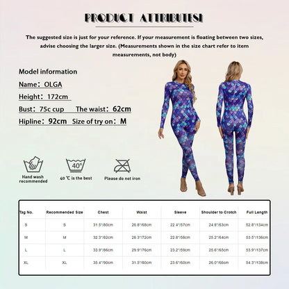 Womens Rash Guard One Piece Swimsuit Mermaid Fish Scale Print Long Sleeve Back Zipper Full Body Tops Sexy Swimwear Jumpsuit