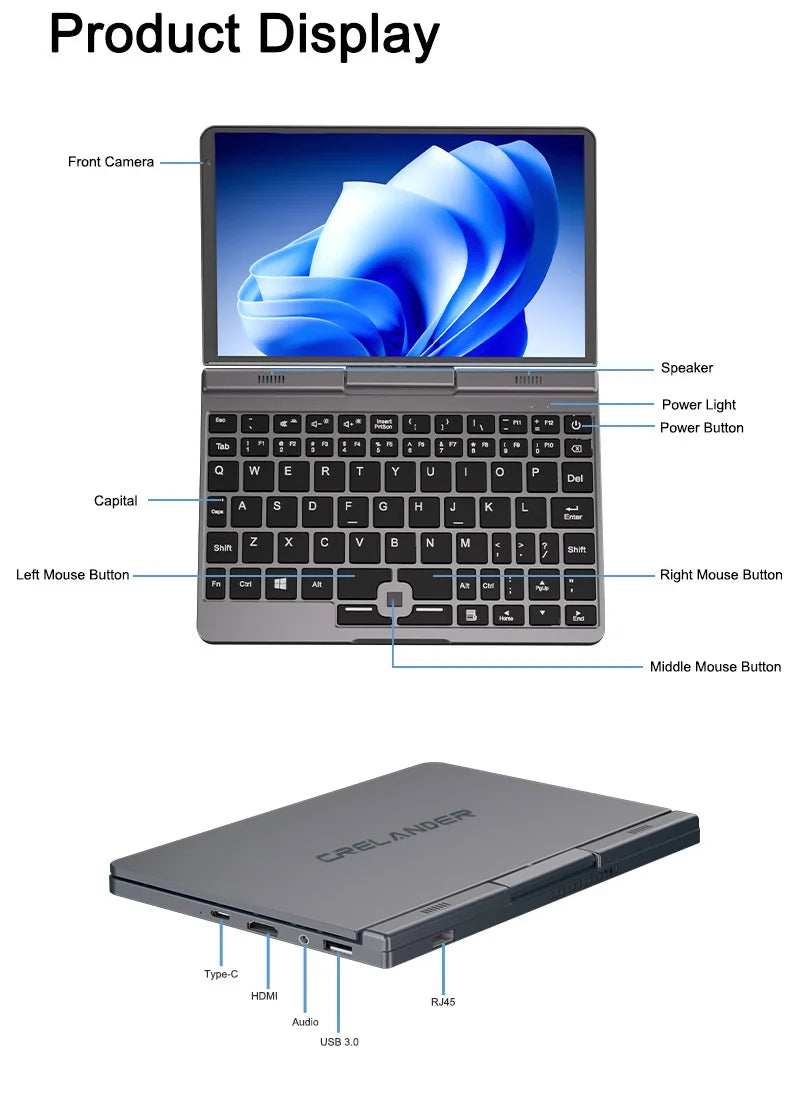 CRELANDER P8 8 Inch Mini Laptop Touchscreen Rotating 360 Degree Intel Alder N150 12GB WiFi6 Notebook Tablet PC Protable Laptops