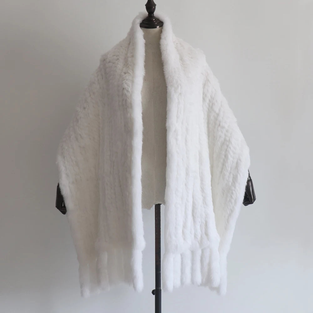 Winter Women Fashion Real Rabbit Fur Shawl 100% Natural Quality Rabbit Fur Scarf Female Hand Knitted Rabbit Fur Poncho Scarves