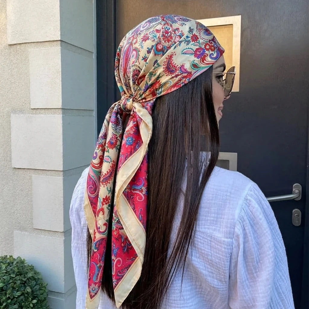 90cm Square Silk Scarf Women Luxury Brand Satin Print Hijab Scarves Muslim Pareo Bandana Female Shawl Wrap Headband Foulard New