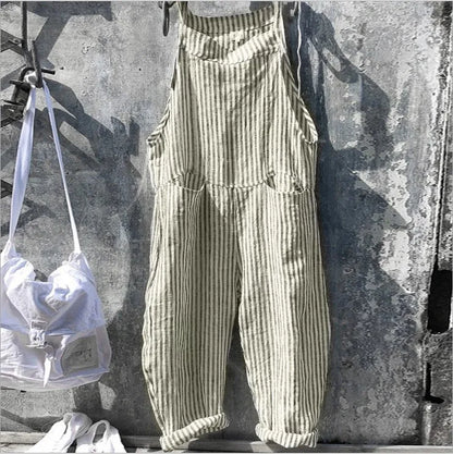 Women's Stripe Jumpsuits Cargo Pants Wide Leg Pants Trousers Multicolor Ethnic Bib Sleeveless Casual Loose Jumpsuit With Pockets