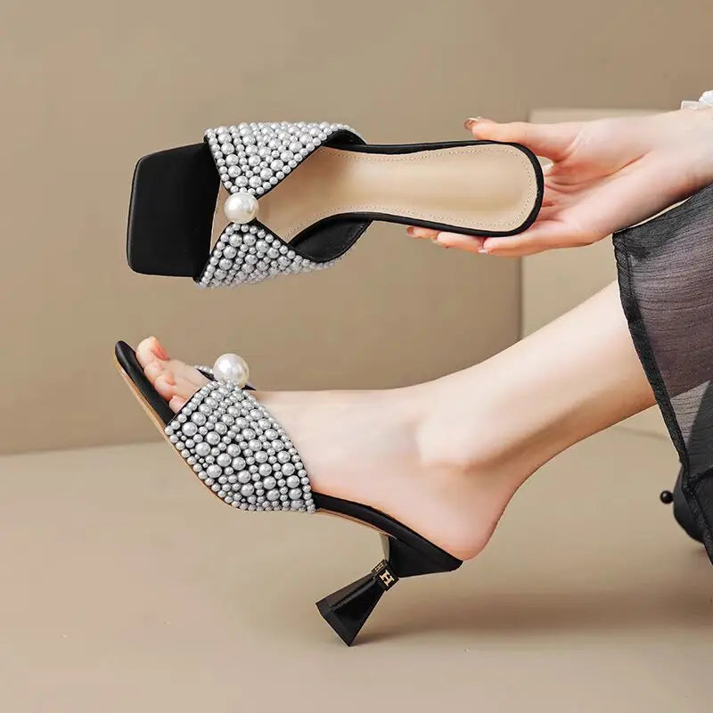Aphixta Luxury Pearls Women High Heels Mule Sandal Square Toe Elegant Woman Summer Shoes Spike Heel Fashion Shoes for Woman
