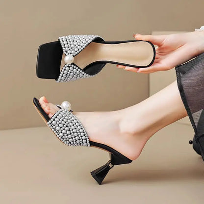 Aphixta Luxury Pearls Women High Heels Mule Sandal Square Toe Elegant Woman Summer Shoes Spike Heel Fashion Shoes for Woman