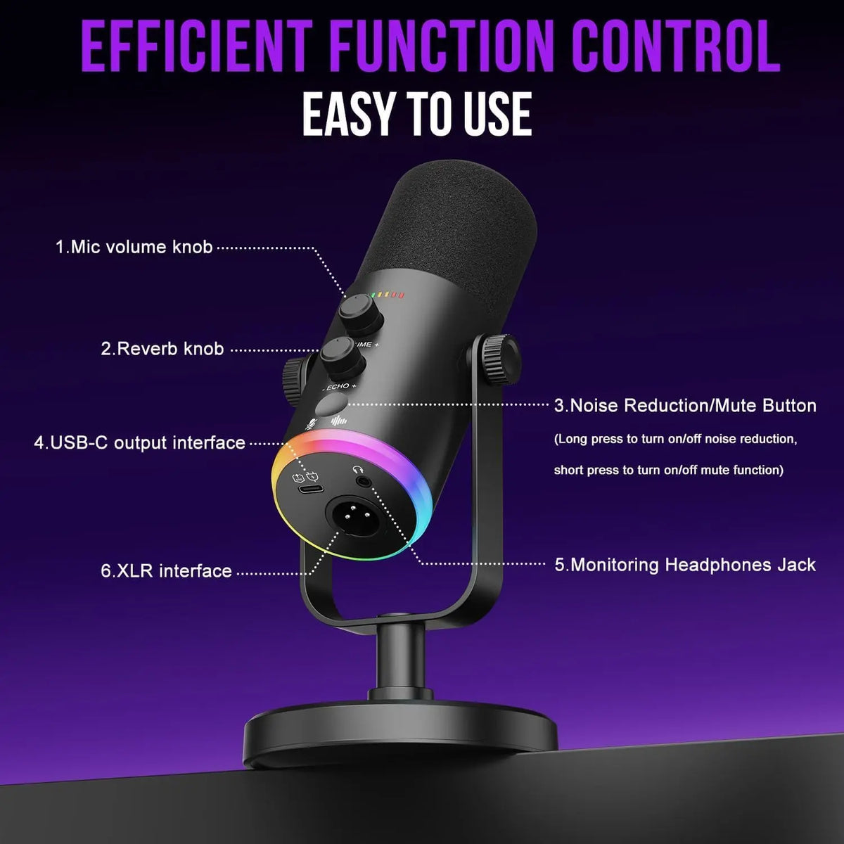 USB/XLR Gaming Microphone, Dynamic PC Mic for Podcasting Streaming, Computer RGB Mic Kit with Desktop Stand, for Recording