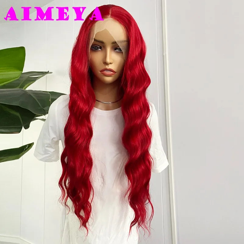 AIMEYA  Red Long Wig Natural Hairline Loose Wave Lace Front Wig for Women Daily Use Heat Resistant Synthetic Hair Blue Purple